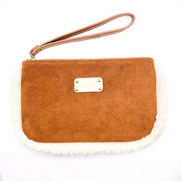 BearPaw Faux Suede Shearling Trim Wristlet Clutch Bag - Picture 1 of 10